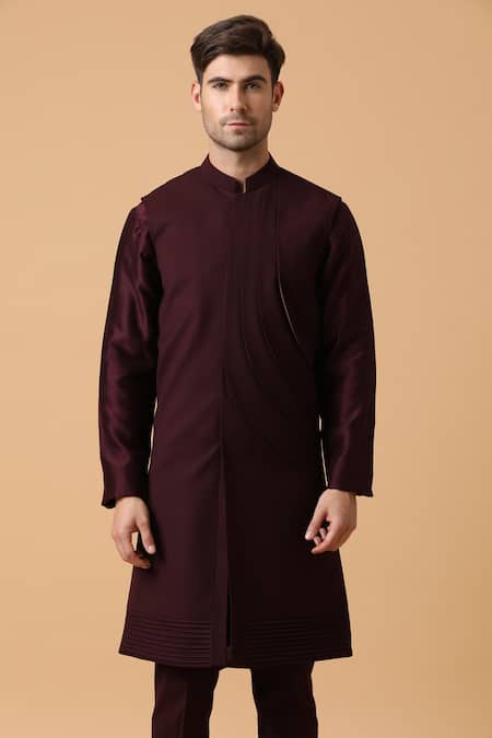 Buy_Kudrat Couture_Maroon Cotton Lycra, Chanderi Silk Panelled Kurta Set_Online_at_Aza_Fashions