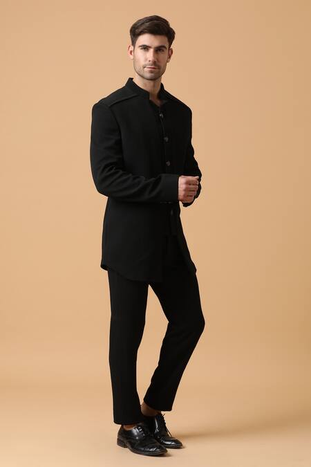 Kudrat Couture_Black Hosiery Textured Bandhgala Set_Online_at_Aza_Fashions