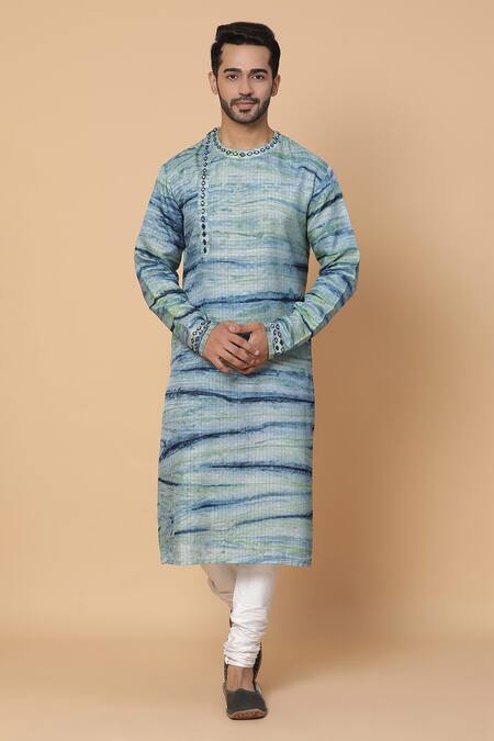 Kudrat Couture_Blue Silk Marble Pattern Kurta Set_Online_at_Aza_Fashions