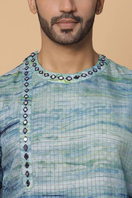 Buy_Kudrat Couture_Blue Silk Marble Pattern Kurta Set_Online_at_Aza_Fashions