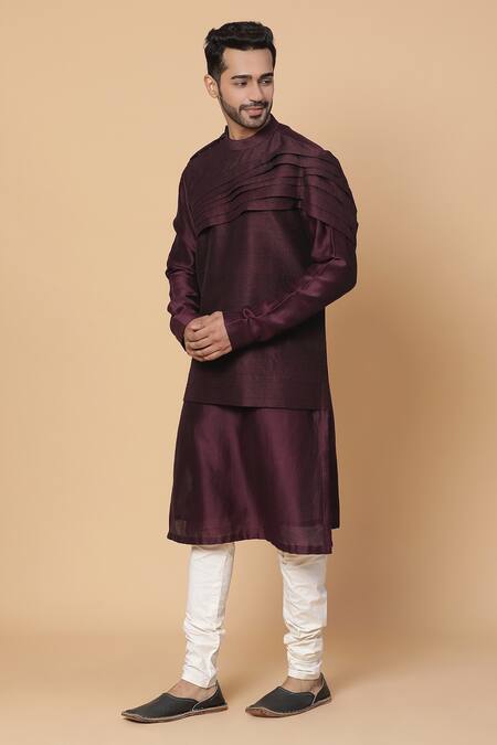 Buy_Kudrat Couture_Maroon Raw Silk, Chanderi, Cotton Lycra Pleated Kurta Set_Online_at_Aza_Fashions
