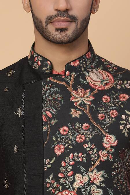 Kudrat Couture_Black Lurex Printed Print Floral Motifs Embroidery Resham Bundi And Kurta Set_at_Aza_Fashions