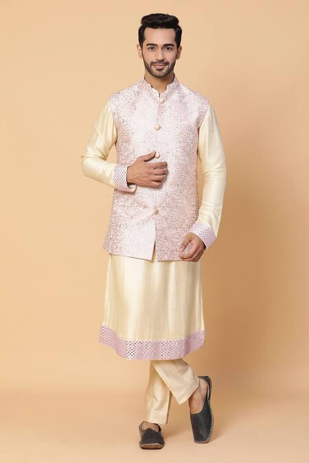 Kudrat Couture_Pink Chanderi Embroidered Bundi And Kurta Set_Online_at_Aza_Fashions