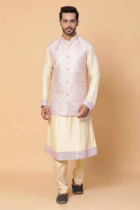 Buy_Kudrat Couture_Pink Chanderi Embroidered Bundi And Kurta Set_Online_at_Aza_Fashions
