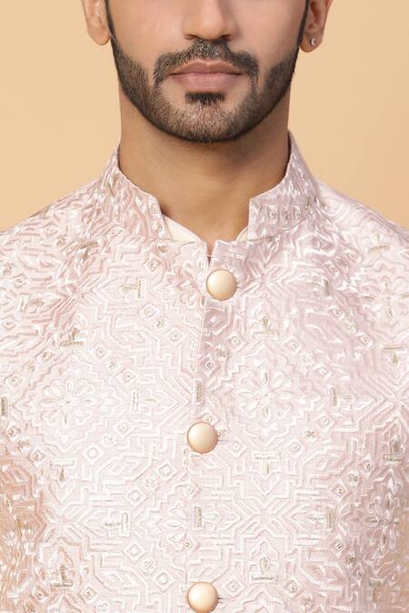 Kudrat Couture_Pink Chanderi Embroidered Bundi And Kurta Set_at_Aza_Fashions