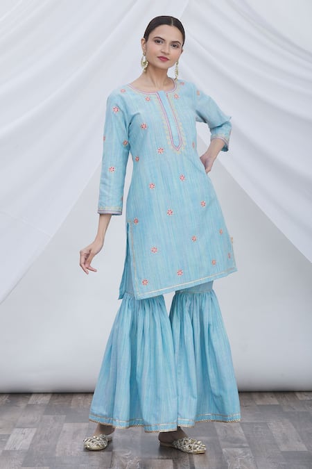 Buy Arihant Rai Sinha Blue Cotton Embroidered Kurta And Sharara Set ...