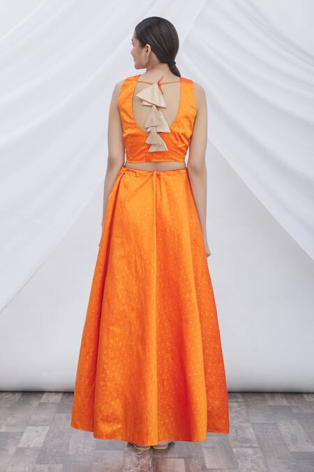 Shop Samyukta Singhania Orange Brocade, Chiffon Tassels Round Neck Polka Dot Lehenga Set at Aza Fashions Shop_Samyukta Singhania_Orange Brocade, Chiffon Tassels Round Neck Polka Dot Lehenga Set_at_Aza_Fashions