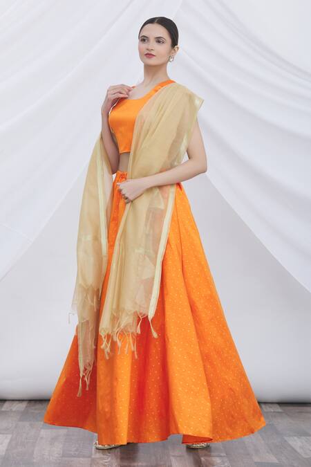 Samyukta Singhania Orange Brocade, Chiffon Tassels Round Neck Polka Dot Lehenga Set Online at Aza Fashions Samyukta Singhania_Orange Brocade, Chiffon Tassels Round Neck Polka Dot Lehenga Set_Online_at_Aza_Fashions