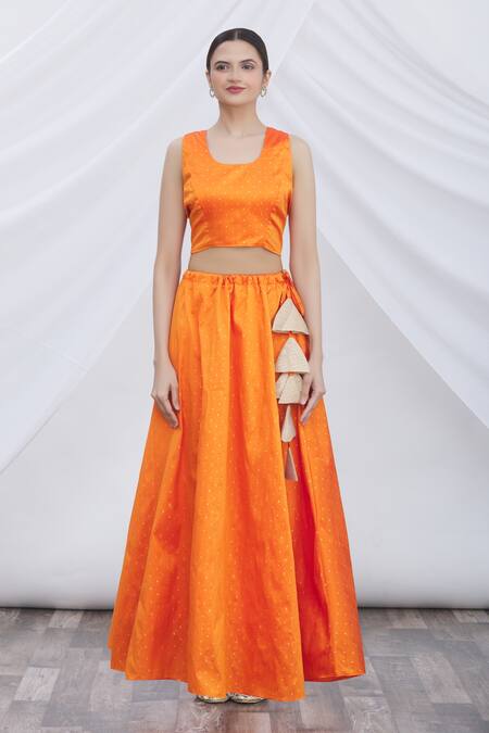 Buy Samyukta Singhania Orange Brocade, Chiffon Tassels Round Neck Polka Dot Lehenga Set Online at Aza Fashions Buy_Samyukta Singhania_Orange Brocade, Chiffon Tassels Round Neck Polka Dot Lehenga Set_Online_at_Aza_Fashions