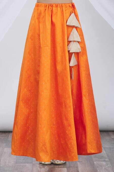 Shop Samyukta Singhania Orange Brocade, Chiffon Tassels Round Neck Polka Dot Lehenga Set Online at Aza Fashions Shop_Samyukta Singhania_Orange Brocade, Chiffon Tassels Round Neck Polka Dot Lehenga Set_Online_at_Aza_Fashions