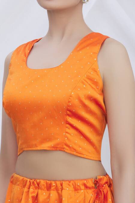 Samyukta Singhania Orange Brocade, Chiffon Tassels Round Neck Polka Dot Lehenga Set at Aza Fashions Samyukta Singhania_Orange Brocade, Chiffon Tassels Round Neck Polka Dot Lehenga Set_at_Aza_Fashions