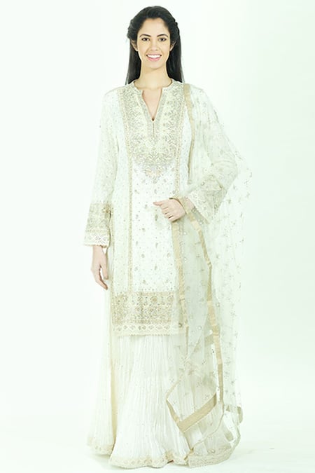 Buy RI.Ritu Kumar Off White Polyester Georgette Round Embroidered Kurta Lehenga Set Online at Aza Fashions Buy_RI.Ritu Kumar_Off White Polyester Georgette Round Embroidered Kurta Lehenga Set_Online_at_Aza_Fashions