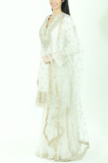 Shop RI.Ritu Kumar Off White Polyester Georgette Round Embroidered Kurta Lehenga Set Online at Aza Fashions Shop_RI.Ritu Kumar_Off White Polyester Georgette Round Embroidered Kurta Lehenga Set_Online_at_Aza_Fashions