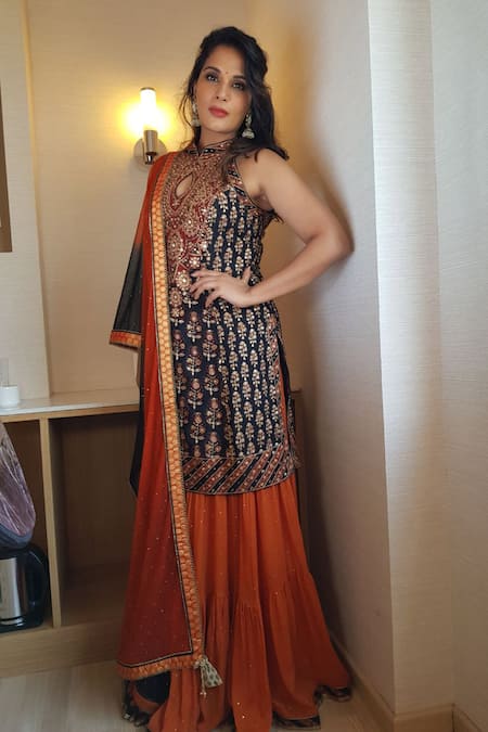 RI.Ritu Kumar Black Silk Chinon Mandarin Collar Embroidered Kurta Skirt Set 