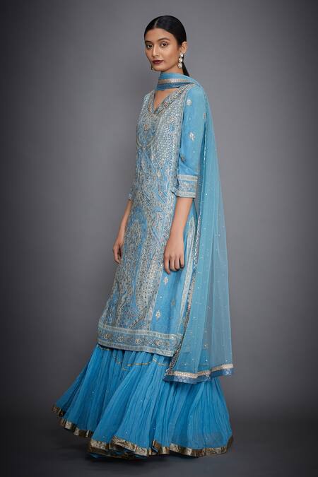 Buy_RI.Ritu Kumar_Blue Silk Chinon V Neck Embellished Kurta Skirt Set_Online_at_Aza_Fashions