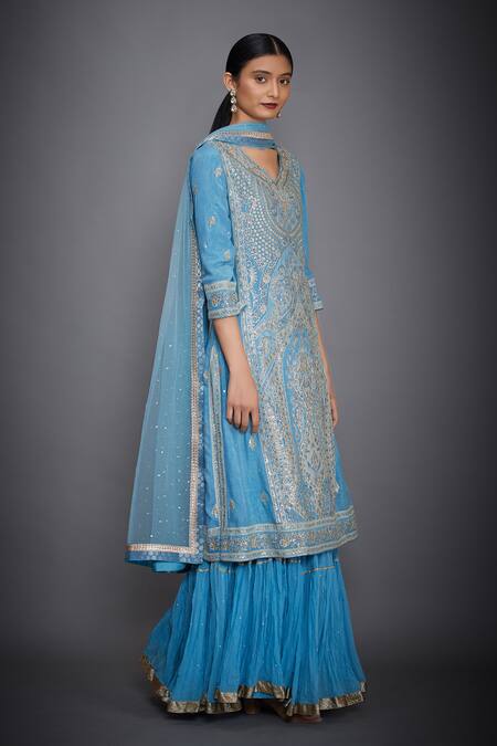RI.Ritu Kumar_Blue Silk Chinon V Neck Embellished Kurta Skirt Set_Online_at_Aza_Fashions