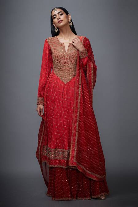 Shop_RI.Ritu Kumar_Red Silk Round Bandhani Anarkali Set_Online_at_Aza_Fashions