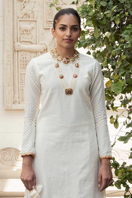 Shop Nikasha White Crepe, Banarasi Woven Cotton Round Kurta Set Online at Aza Fashions Shop_Nikasha_White Crepe, Banarasi Woven Cotton Round Kurta Set _Online_at_Aza_Fashions