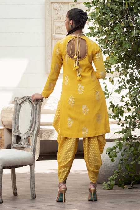 Shop Nikasha Yellow Crepe Round Printed Kurta And Dhoti Pant Set at Aza Fashions Shop_Nikasha_Yellow Crepe Round Printed Kurta And Dhoti Pant Set _at_Aza_Fashions