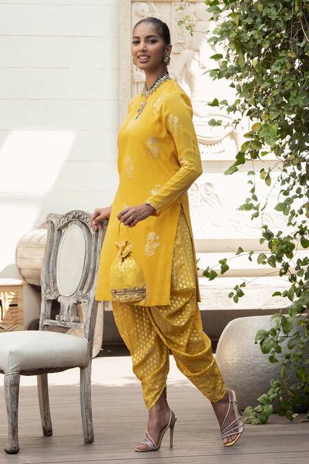 Nikasha Yellow Crepe Round Printed Kurta And Dhoti Pant Set Online at Aza Fashions Nikasha_Yellow Crepe Round Printed Kurta And Dhoti Pant Set _Online_at_Aza_Fashions