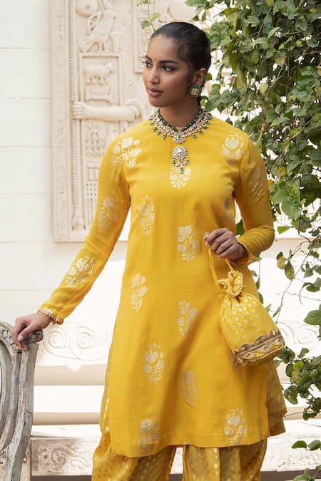 Buy Nikasha Yellow Crepe Round Printed Kurta And Dhoti Pant Set Online at Aza Fashions Buy_Nikasha_Yellow Crepe Round Printed Kurta And Dhoti Pant Set _Online_at_Aza_Fashions