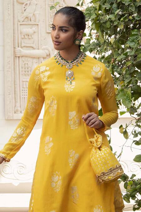 Shop Nikasha Yellow Crepe Round Printed Kurta And Dhoti Pant Set Online at Aza Fashions Shop_Nikasha_Yellow Crepe Round Printed Kurta And Dhoti Pant Set _Online_at_Aza_Fashions