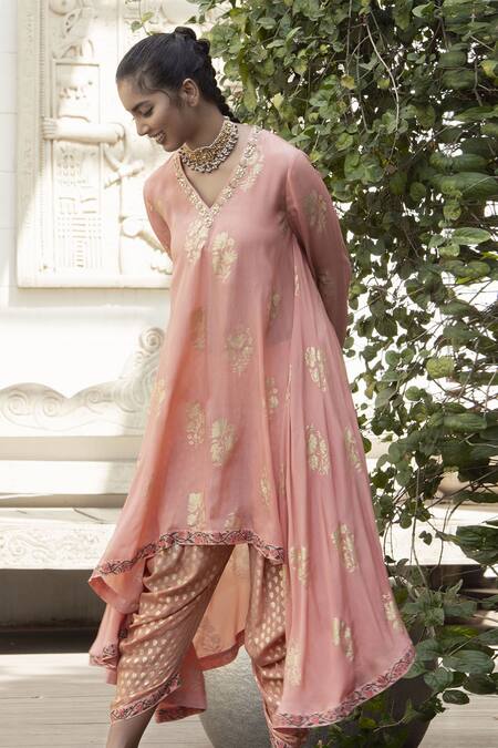 Nikasha Pink Crepe V Neck Printed Kurta And Dhoti Pant Set Online at Aza Fashions Nikasha_Pink Crepe V Neck Printed Kurta And Dhoti Pant Set _Online_at_Aza_Fashions