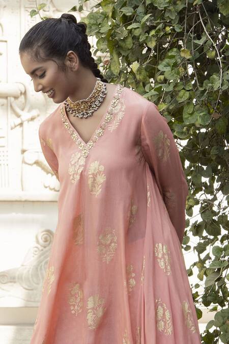 Buy Nikasha Pink Crepe V Neck Printed Kurta And Dhoti Pant Set Online at Aza Fashions Buy_Nikasha_Pink Crepe V Neck Printed Kurta And Dhoti Pant Set _Online_at_Aza_Fashions