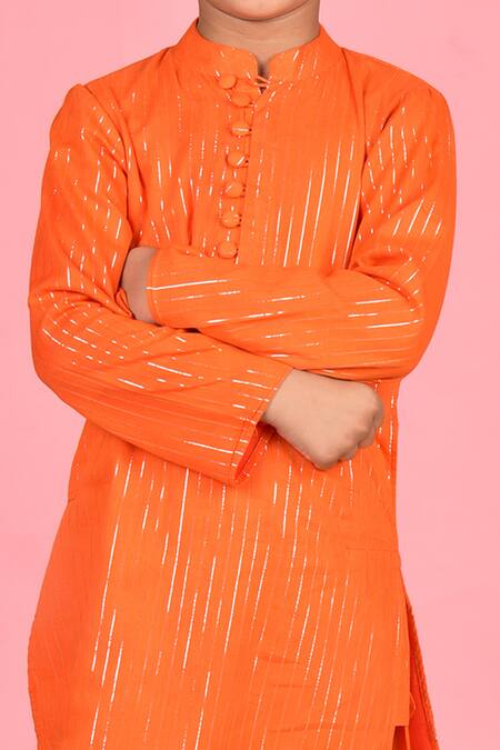 Shop_THE COTTON STAPLE_Orange Cotton Woven Stripe Kurta Set _Online_at_Aza_Fashions