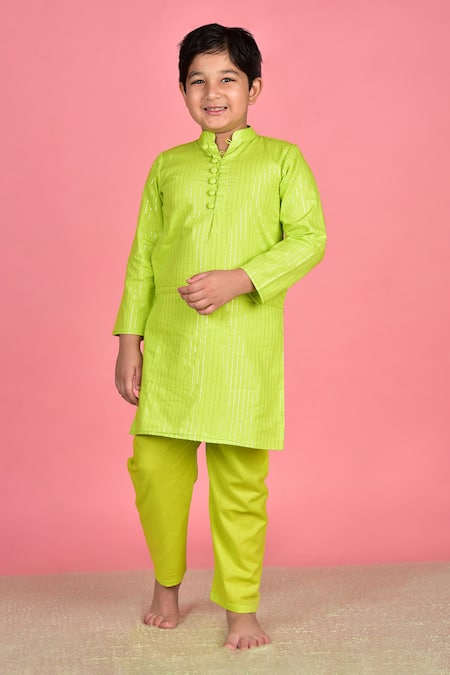 THE COTTON STAPLE Green Cotton Lurex Woven Kurta Pant Set 