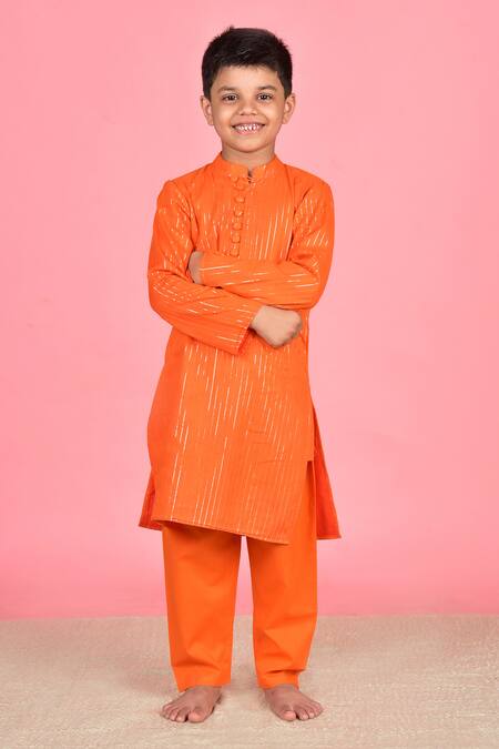 THE COTTON STAPLE_Orange Cotton Woven Stripe Kurta Set _Online_at_Aza_Fashions