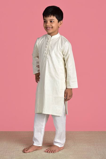 Buy_The Cotton Staple_White Cotton Striped Kurta Set _Online_at_Aza_Fashions