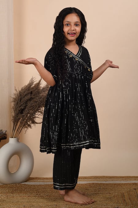 The Cotton Staple_Black Cotton, Lurex Gota Patti Rimjhim Angarkha And Palazzo Set _Online_at_Aza_Fashions