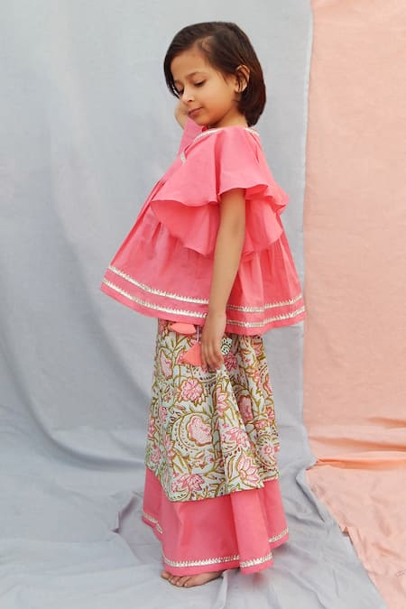 THE COTTON STAPLE_Peach Cotton Gota Patti Printed Lehenga Set _Online_at_Aza_Fashions