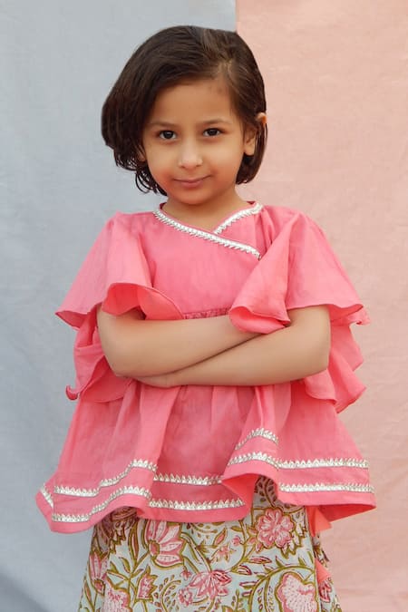 Buy_THE COTTON STAPLE_Peach Cotton Gota Patti Printed Lehenga Set _Online_at_Aza_Fashions