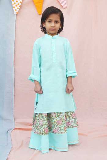 THE COTTON STAPLE_Blue Cotton Embroidery Ice Printed Kurta And Lehenga Set _Online_at_Aza_Fashions