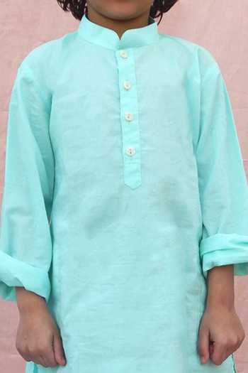 Buy_THE COTTON STAPLE_Blue Cotton Embroidery Ice Printed Kurta And Lehenga Set _Online_at_Aza_Fashions