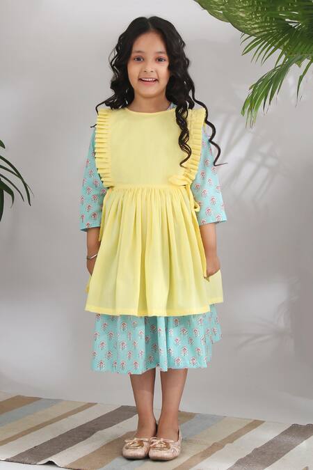 THE COTTON STAPLE Blue Cotton Printed Dress With Outer Layer Online at Aza Fashions THE COTTON STAPLE_Blue Cotton Printed Dress With Outer Layer _Online_at_Aza_Fashions