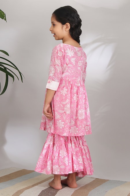 Shop THE COTTON STAPLE Pink Cotton Embroidery Printed Kurta And Sharara Set at Aza Fashions Shop_THE COTTON STAPLE_Pink Cotton Embroidery Printed Kurta And Sharara Set _at_Aza_Fashions