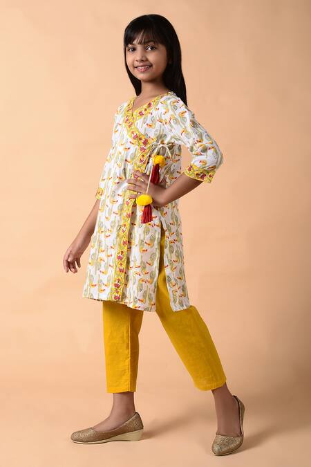 THE COTTON STAPLE_Yellow Cotton Pom-poms Printed Angarkha Kurt And Pant Set _Online_at_Aza_Fashions