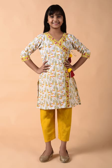 Buy_THE COTTON STAPLE_Yellow Cotton Pom-poms Printed Angarkha Kurt And Pant Set _Online_at_Aza_Fashions