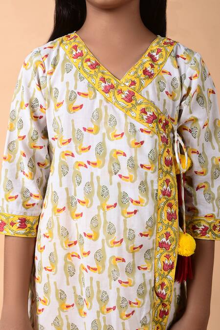 Shop_THE COTTON STAPLE_Yellow Cotton Pom-poms Printed Angarkha Kurt And Pant Set _Online_at_Aza_Fashions