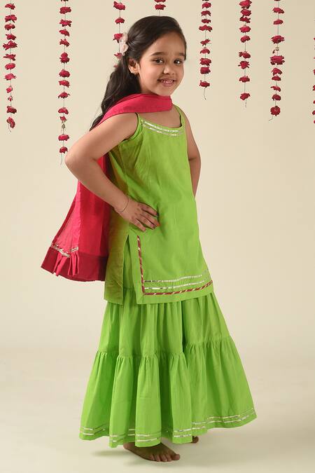 The Cotton Staple_Green Cotton Embroidery, Gota Patti Sharara Set _Online_at_Aza_Fashions