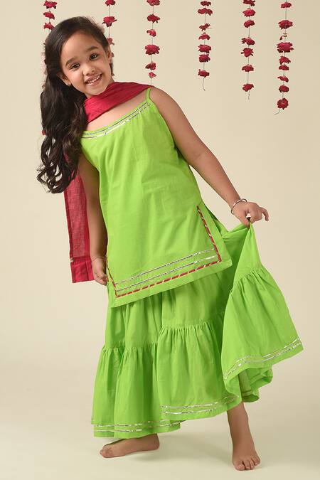 Buy_The Cotton Staple_Green Cotton Embroidery, Gota Patti Sharara Set _Online_at_Aza_Fashions