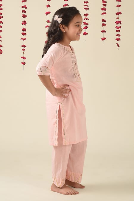 The Cotton Staple_Pink Cotton Embroidery, Gota Patti Kurta And Pant Set _Online_at_Aza_Fashions
