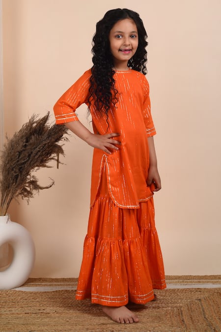 THE COTTON STAPLE_Orange , Satin Gota Patti Sarang Embroidered Sharara Set _Online_at_Aza_Fashions