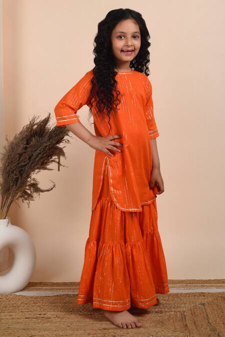 The Cotton Staple_Orange , Satin Gota Patti Vaani Kurta And Sharara Set _Online_at_Aza_Fashions