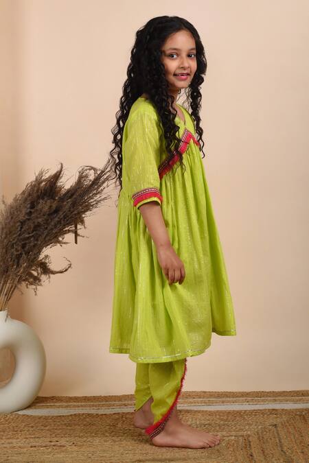 THE COTTON STAPLE_Green Cotton Lace Basant Kurta And Dhoti Pant Set _Online_at_Aza_Fashions