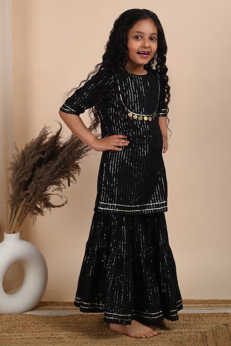 THE COTTON STAPLE_Black , Satin Tassels Jugnu Woven Kurta And Sharara Set _Online_at_Aza_Fashions