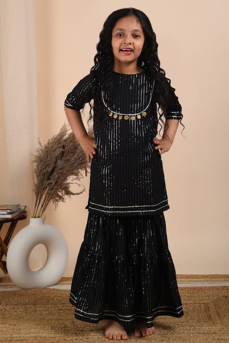 Buy_THE COTTON STAPLE_Black , Satin Tassels Jugnu Woven Kurta And Sharara Set _Online_at_Aza_Fashions